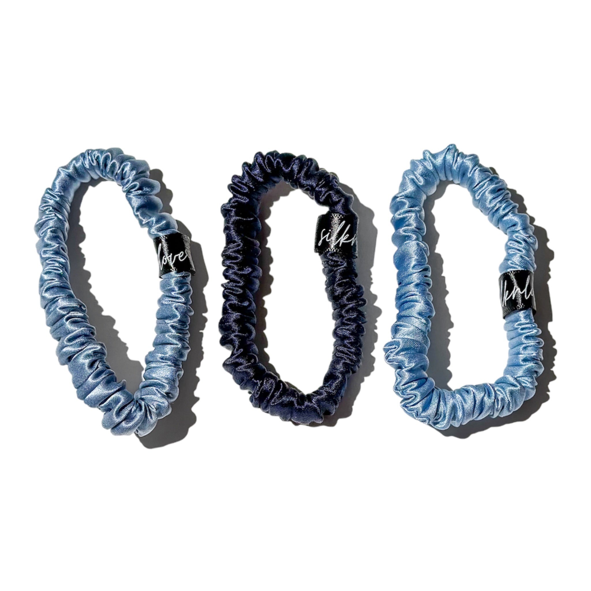 Blue Skinny Silk Scrunchies, Thin Hair Ties, Silknlove – Silknlove