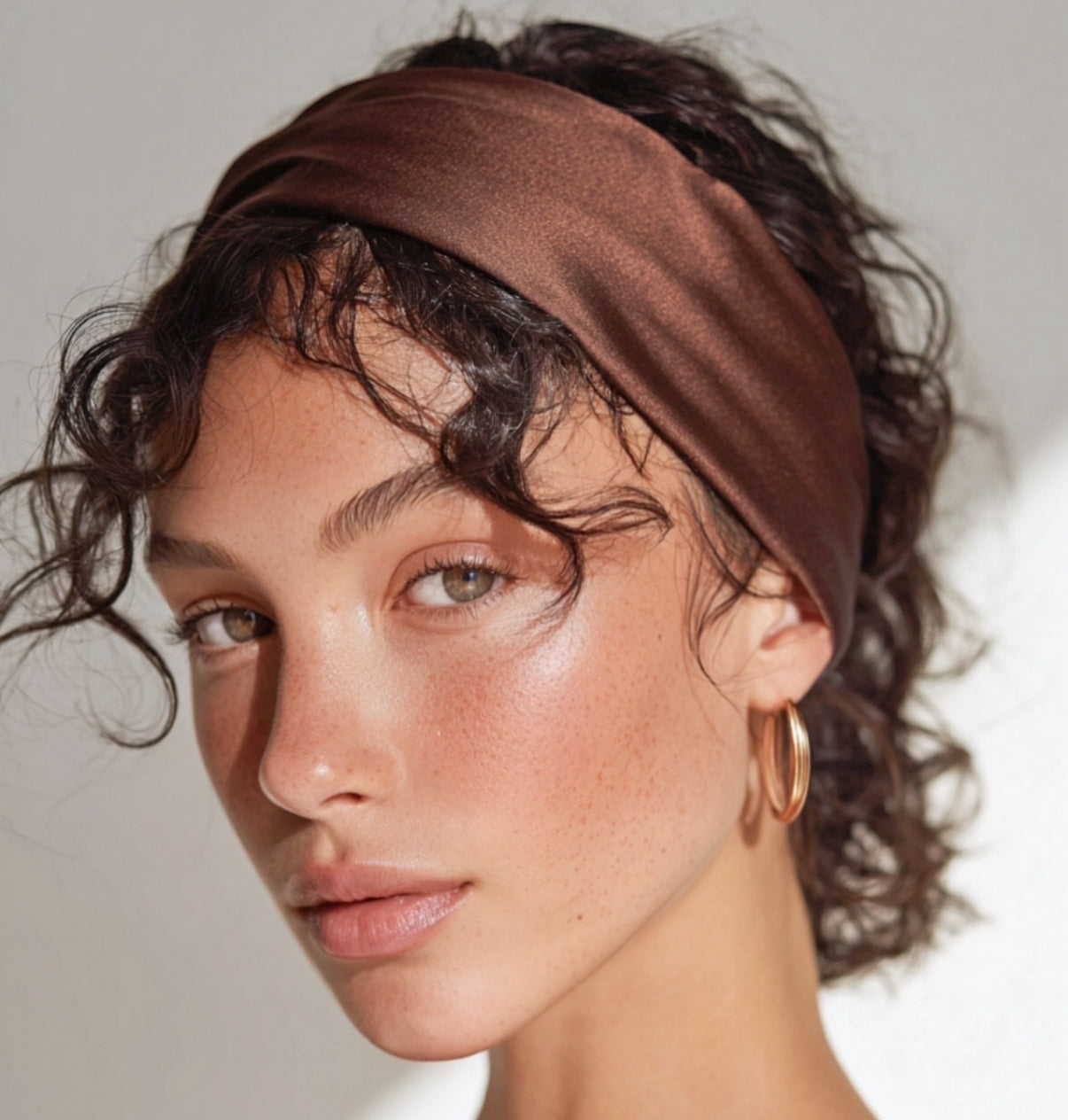 Woman wearing a brown headband with a neutral background