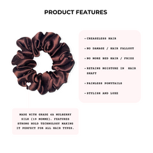 Load image into Gallery viewer, Brown Silk Scrunchie, midi scrunchies, slip midi scrunchies, slip silk midi scrunchies,best silk hair ties, mini silk scrunchies, pure silk scrunchie, skinny scrunchies, slip scrunchies, medium silk scrunchie, best hair scrunchie, pure silk, mulberry silk
