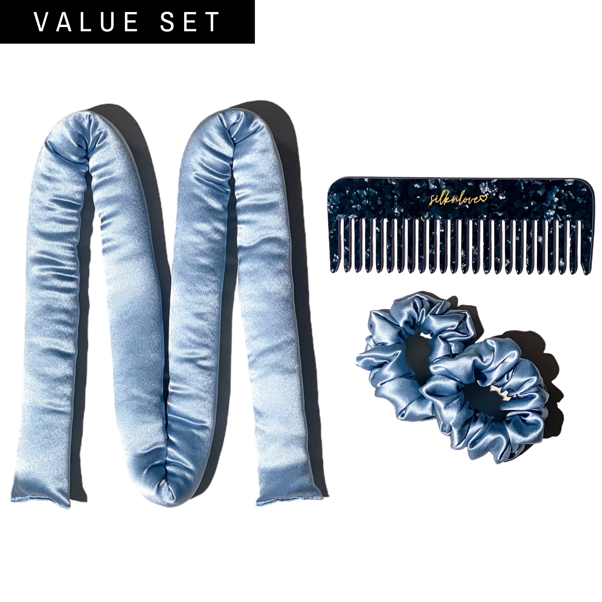 Silk Heatless Curler & Essential Comb Set - Silknlove , heatless curler set, heatless curl gift set, best heatless curler, kitsch heatless curler, no heat curls, how to curl hair, how to style damaged hair, slip pillowcase, a heatless curler set made with pure silk that does not damage your hair