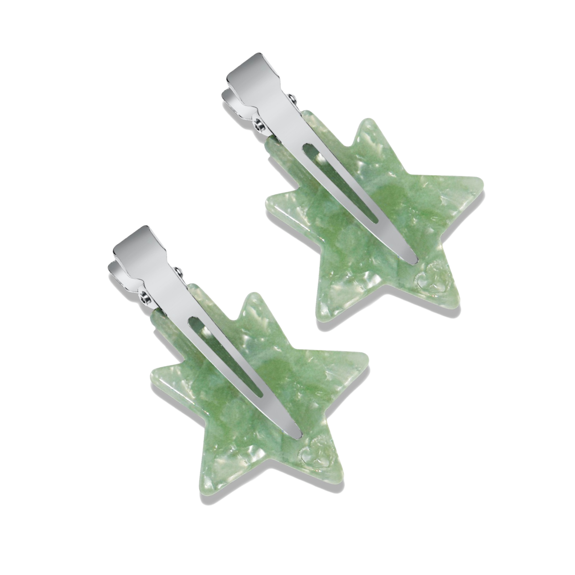 Silknlove - Two green star-shaped hair clips with silver centers on a white background