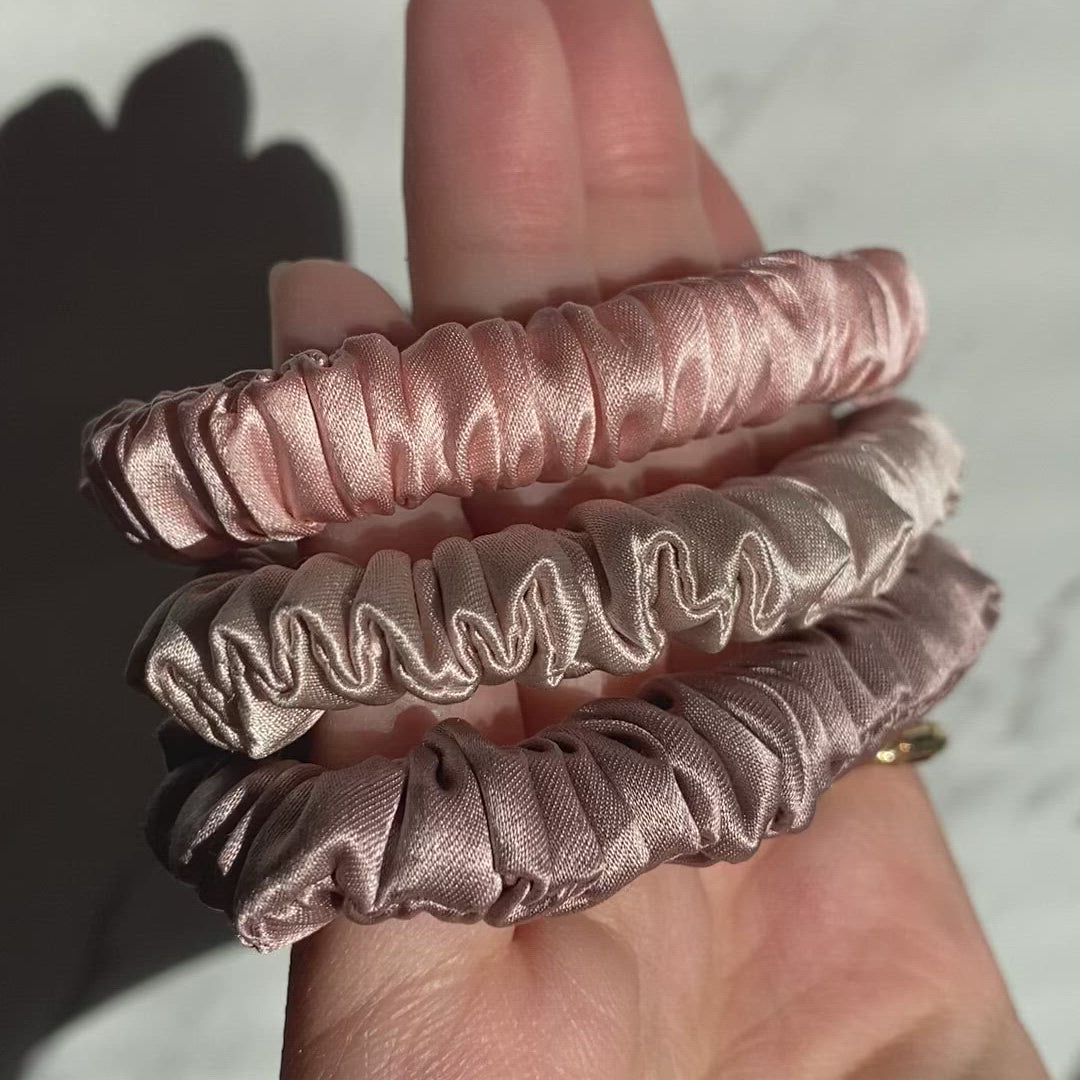 Pink Skinny Scrunchie Set, midi scrunchies, slip midi scrunchies, slip silk midi scrunchies,best silk hair ties, mini silk scrunchies, pure silk scrunchie, skinny scrunchies,