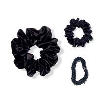 Load image into Gallery viewer, Black Silk Scrunchie Set, Black Silk Scrunchies, silk black scrunchie, best silk scrunchies best silk scrunchies, slip silk scrunchie,silk scrunchies, slip black scrunchies, black silk hair ties, black silk hair scrunchies,
