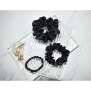 Black Silk Scrunchie Set, Black Silk Scrunchies, silk black scrunchie, best silk scrunchies best silk scrunchies, slip silk scrunchie,silk scrunchies, slip black scrunchies, black silk hair ties, black silk hair scrunchies,