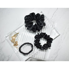 Load image into Gallery viewer, Black Silk Scrunchie Set, Black Silk Scrunchies, silk black scrunchie, best silk scrunchies best silk scrunchies, slip silk scrunchie,silk scrunchies, slip black scrunchies, black silk hair ties, black silk hair scrunchies,
