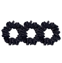Load image into Gallery viewer, Black Silk Scrunchies, silk black scrunchie, best silk scrunchies best silk scrunchies, slip silk scrunchie,silk scrunchies, slip black scrunchies, black silk hair ties,  black silk hair scrunchies, 
