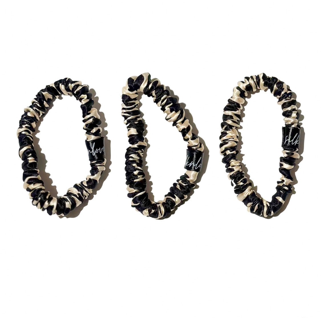 Leopard Skinny Silk Scrunchie Set - Silknlove, silk scrunchies, skinny scrunchie, thin scrunchies, damage free hair tie, slip scrunchie, best hair tie, black silk scrunchie, thick hair scrunchie, satin scrunchie, pure silk, mulberry silk, leopard scrunchie, leopard print silk, animal print scrunchie, slip scrunchies, slip silk, slip pillowcase, kitsch scrunchies